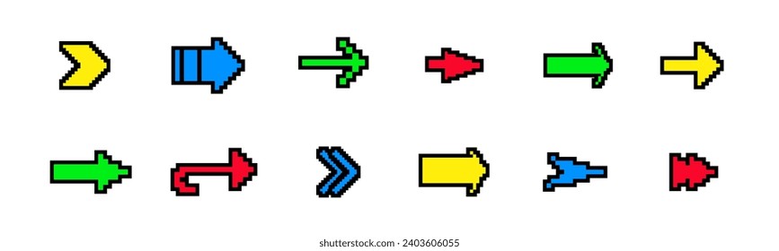 8 bit arrow sticker icon. Pixel retro arcade game forward arrow vector