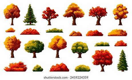 8 bit autumn forest pixel trees, retro arcade game asset. Isolated vector set of natural ui or gui landscape plants with bright orange, yellow or red foliage. Coniferous or spruce trees and bushes