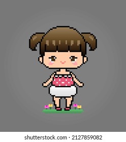 8 bit baby pixel character. Anime cartoon girl in vector illustration for game assets or cross stitch patterns.