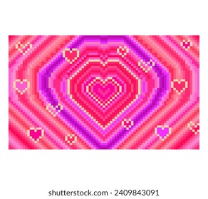 fondo de 8 bits con corazones pulsantes en rosa, rojo, magenta, lila y violeta para la fiesta del día de San Valentín