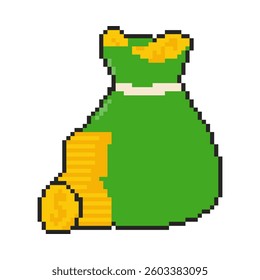 8 bit bag of coins icon. Pixel art object. Old school vintage game graphic