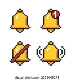 8 bit bell icons. Bell notification icons for mobile interface. Pixel bell for user interface.