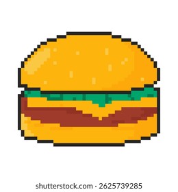 8 bit burger icon. Pixel art object. Old school vintage game graphic