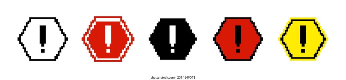 8 bit caution hexagon road sign icon. Pixel traffic sign