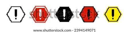 8 bit caution hexagon road sign icon. Pixel traffic sign