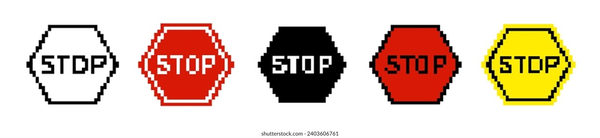 8 bit caution road sign icon. Pixel error retro  banner. Pixelated car stop traffic sign. 