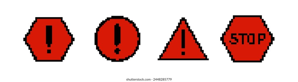 8 bit caution road sign icon. Pixel error retro  banner. Pixelated car traffic sign. 