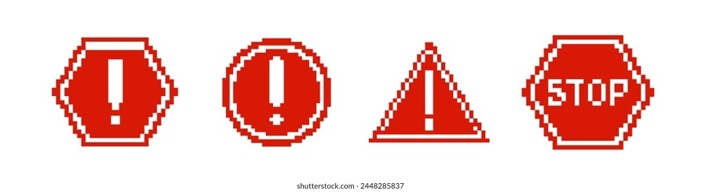 8-Bit-Vorsicht-Straßenschild-Symbol. Pixelfehler - Retro-Banner. Verpixeltes Verkehrszeichen. 