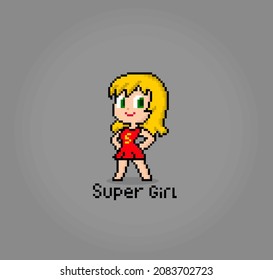 8 Bit Character Pixel Supergirl. Cartoon Women In Vector Illustrations.