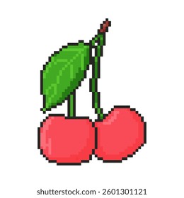 8 bit cherry icon. Pixel art object. Retro 80s,90s video game graphics