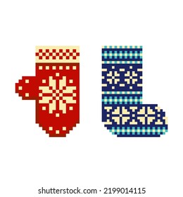Navidad de 8 bits y calcetín para regalos y dulces. Decoración de navidad en la casa en píxeles.
