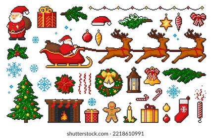 Iconos de 8 bits de píxeles de Navidad y Año Nuevo o activo de juego de personajes. Santa, regalos y trineo, copo de nieve, árbol, campana de Navidad vectorial, corona y bolas, caldo, caja de regalo, caramelos y arcos de cinta