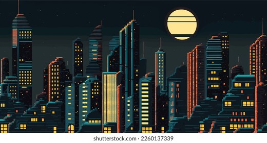 8 bit city, arcade, poster. Bright colorful, illuminated street, city landscape. Cityscape. 