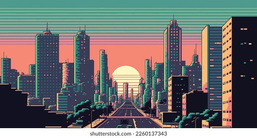 8 bit city, arcade, poster. Bright colorful, illuminated street, city landscape. Cityscape. 