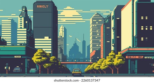 8 bit city, arcade, poster. Bright colorful, illuminated street, city landscape. Cityscape. 