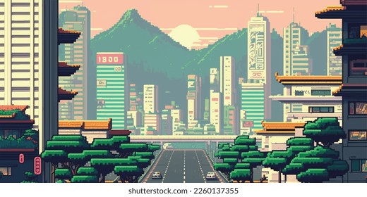8 bit city, arcade, poster. Bright colorful, illuminated street, city landscape. Cityscape. 