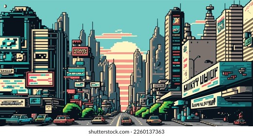 Ciudad de 8 bits, arcade, afiche. Calle luminosa y colorida, paisaje urbano. Paisaje urbano. 