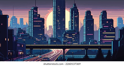 8 bit city, arcade, poster. Bright colorful, illuminated street, city landscape. Cityscape. 