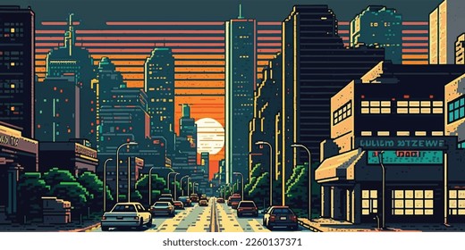 8 bit city, arcade, poster. Bright colorful, illuminated street, city landscape. Cityscape. 