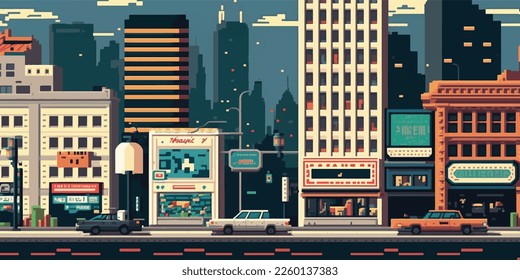 8 bit city, arcade, poster. Bright colorful, illuminated street, city landscape. Cityscape. 