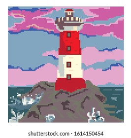 8 bit classic lighthouse on the sea