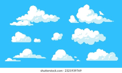 8 bit clouds in anime style. Beautiful natural landscape. Graphic element for video games in retro style. Background and texture, pixelated wallpaper. Cartoon flat vector illustration