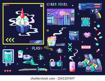 Colección de 8 bits de iconos digitales del ciberpunk. Conjunto de conceptos retro de futurismo como electrónica, armas, verificación de huellas dactilares, vigilancia, control total, disco de datos. Arte de píxeles.