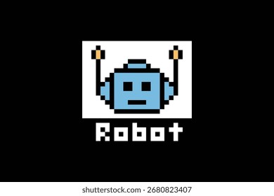 8 bits lindo robot de dibujos animados o AI aprender o aprender destreza con bot robot Vector personaje tecnología de fondo de 8 bits.
