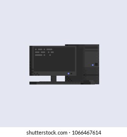 8 bit desktop computer.pixel art flat lcd screen with keyboard mouse and pc case.