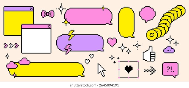 8 bit digital chic cute emoji in pink, purple, yellow. Set of empty retro speech bubbles and icons. Pixel art style. Pixel dialogue box for social media network. Game abstract isolated vector elements