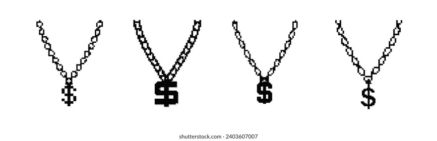 8 bit dollar chain icon. Pixel retro rapper chain vector