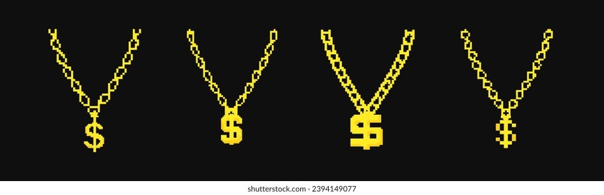 8 bit dollar golden chain icon. Pixel retro rapper necklace vector