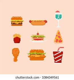 8 bit fast food set.pixel art vector.