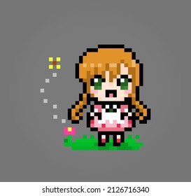 8 bit female character pixels. Human pixels in vector illustrations for game assets or cross stitch patterns.