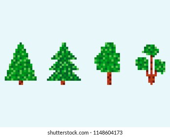 8 bit fir tree set. Pixel Christmas tree isolated on white background. Vector illustration
