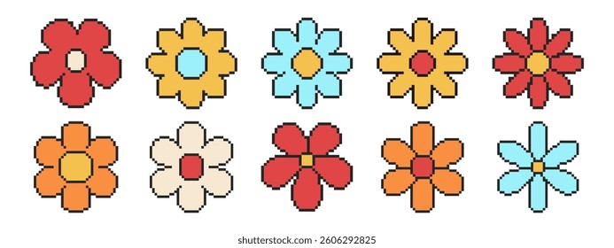 8 bit flower icon set. Pixel art object. Old school vintage game graphic