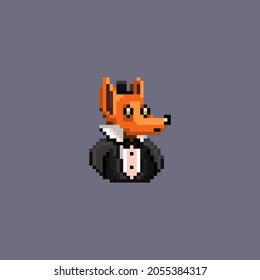 8 bit fox gentleman in black suit for video games. Woolen orange beast with a cap on his head in the old style. Simple vector 32 pixel art of a cute animal in a classic tuxedo. Logo, emblem, sign.