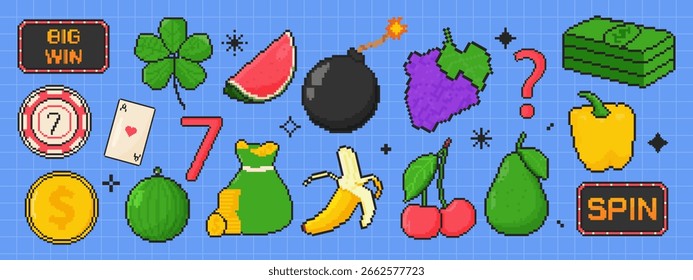 8 bit gambling icon set. Pixel art object. Retro 80s,90s video game graphics. Clover, coins, playing card, fruits, bomb