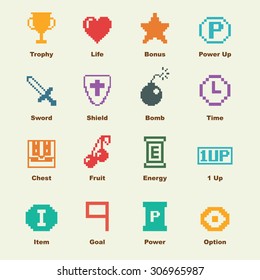 8 Bit Game Elements, Vector Infographic Icons