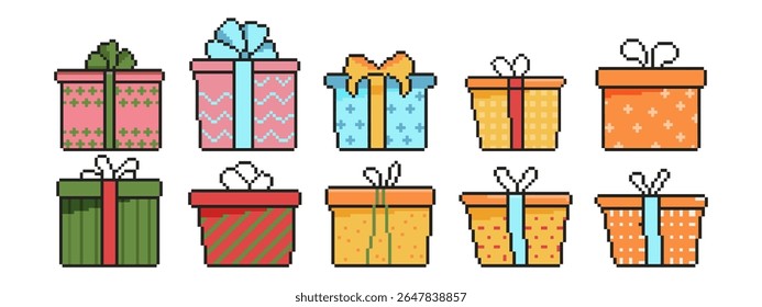 8 bit gift boxes icon set. Pixel art object. Old school vintage game graphics