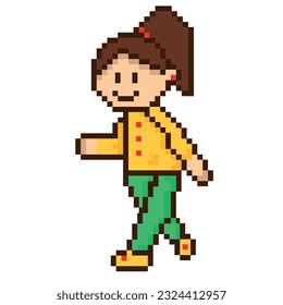 8 bit going girl pixel characters. Women pixel art vector illustrations.