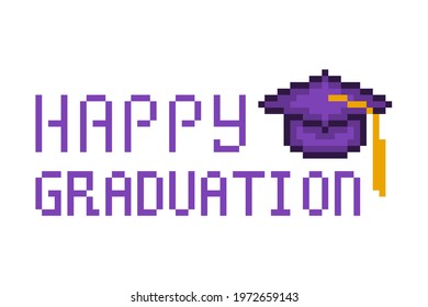 8 bit Happy graduation print. Pixel art square academic cap icon isolated on white background. Old school vintage retro 80s, 90s 2d computer, video game graphics. Congratulation for graduate.