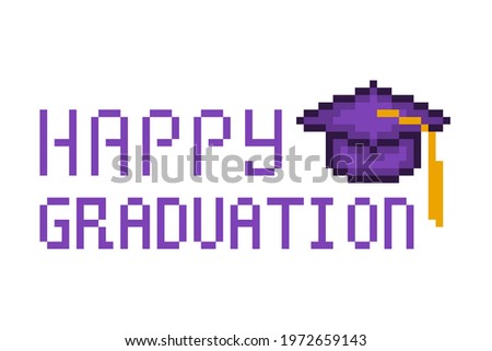 8 bit Happy graduation print. Pixel art square academic cap icon isolated on white background. Old school vintage retro 80s, 90s 2d computer, video game graphics. Congratulation for graduate.