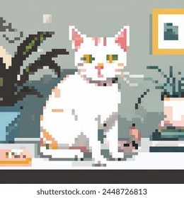 8 Bit ilustración de un gato en un escritorio