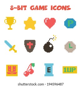 8 Bit Item Icons, Flat Vector Symbols