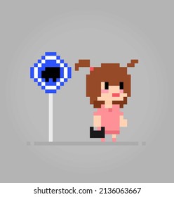 8 bit kids character pixels waiting for the bus. Anime cartoon girl in vector illustration for game assets or cross stitch patterns.