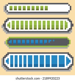 8 bit loading progress bar set, retro game load pixel art style vector graphic with background