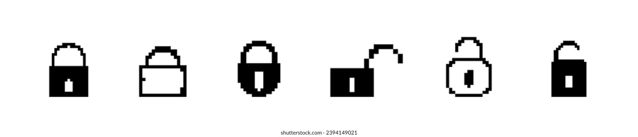 8 bit  lock icon. Pixel locker retro arcade game. Pixelated padlock 