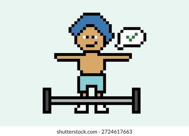 8-Bit-Mann Muskelkraft Gewicht Training Fitness-Studio mit Hantel, Bodybuilder, Pixel-Kunst, Vektor, Hintergrund, Cartoon.