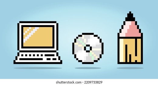 8 bit modern hardware technology, notebook, cassette disk, and pencil. Icon pixels For game assets and web icons in vector illustrations. laptop